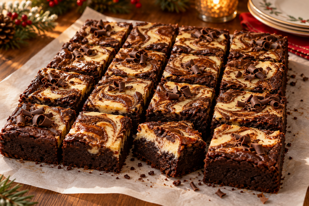 Gingerbread cheesecake brownies with fudgy chocolate centers and a creamy molasses-spice swirl.