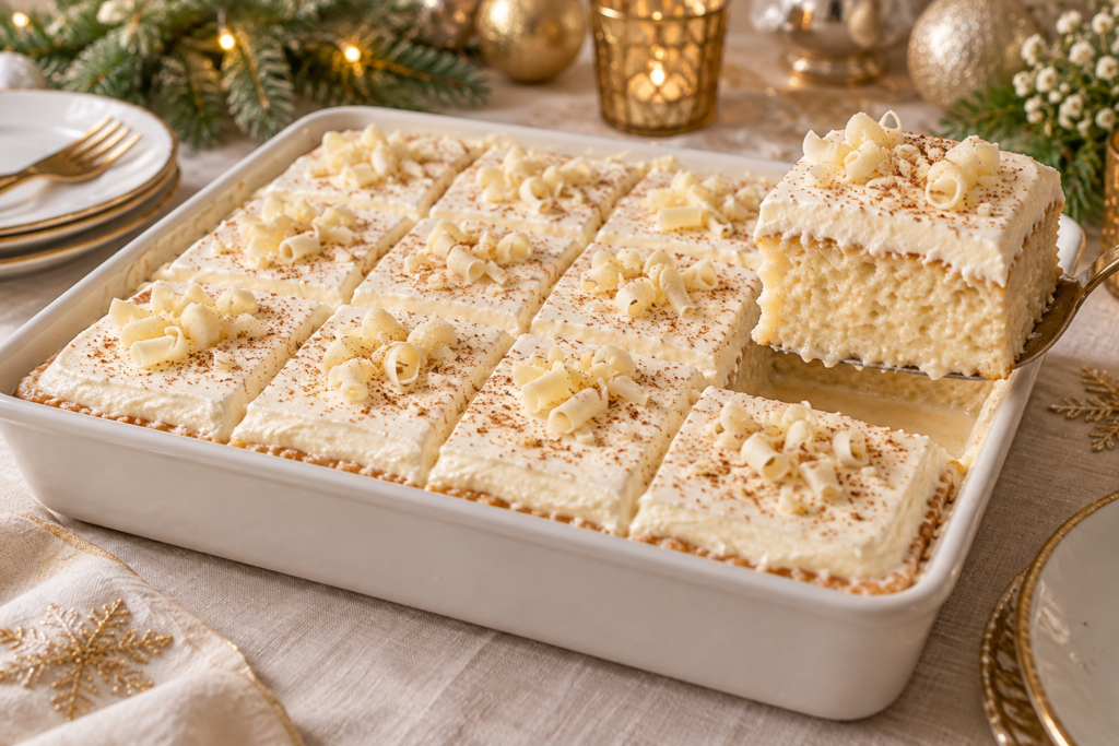 Eggnog tres leches cake with moist vanilla crumb, nutmeg cream, and white chocolate curls.