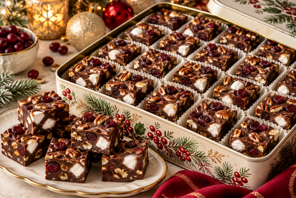 Christmas rocky road fudge with dark chocolate, mini marshmallows, pecans, and cranberries.