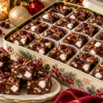 Christmas rocky road fudge with dark chocolate, mini marshmallows, pecans, and cranberries.