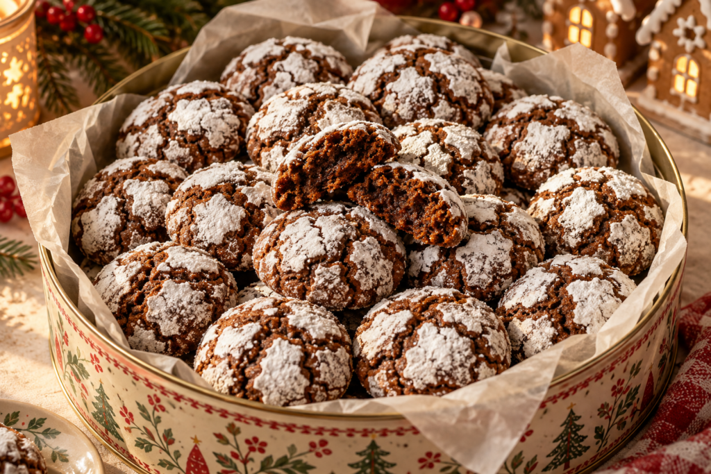 Gingerbread crinkle cookies with chewy molasses centers and snowy powdered sugar cracks.