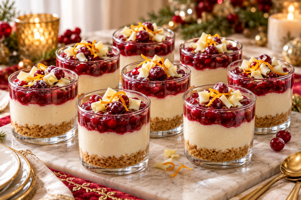 Cranberry white chocolate cheesecake jars with ruby compote, ivory cream, and cookie crumbs.