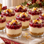 Cranberry white chocolate cheesecake jars with ruby compote, ivory cream, and cookie crumbs.