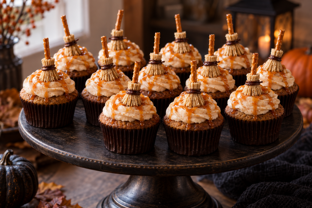 Caramel apple cupcakes topped with edible pretzel witch brooms