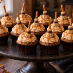 Caramel apple cupcakes topped with edible pretzel witch brooms