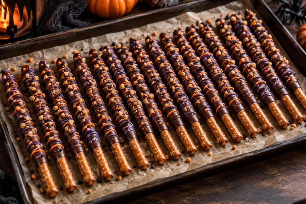Witch's brew chocolate pretzel wands with orange and purple drizzle