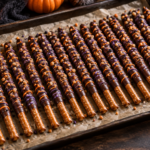 Witch's brew chocolate pretzel wands with orange and purple drizzle