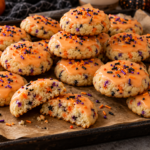 Soft Halloween confetti cake cookies with orange vanilla glaze