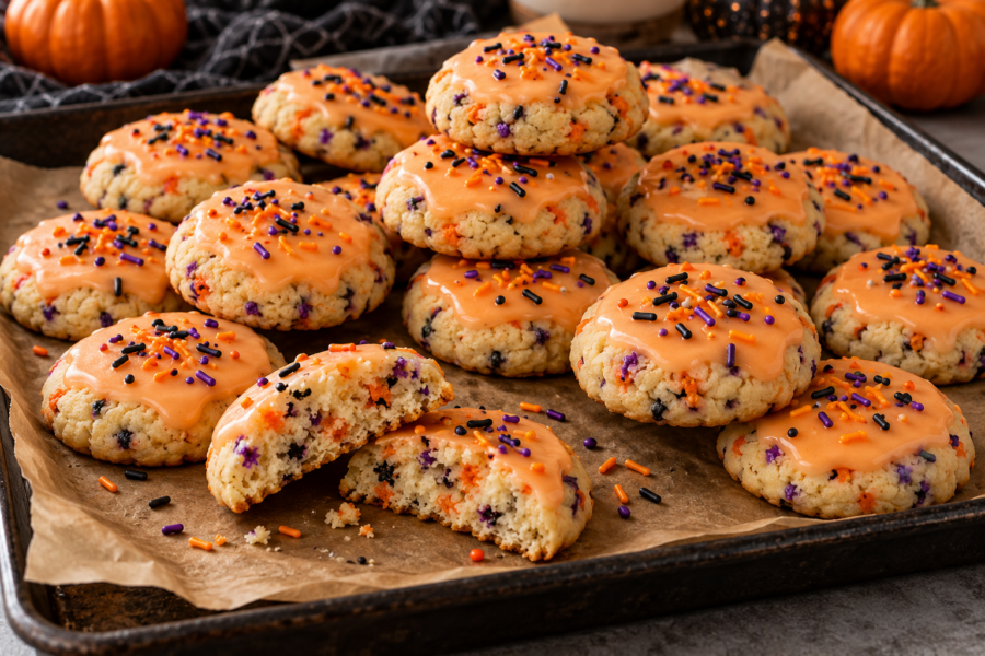 Soft Halloween confetti cake cookies with orange vanilla glaze