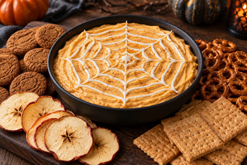 No-bake pumpkin fluff cheesecake dip with a white chocolate spiderweb