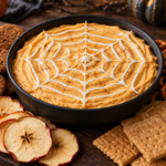 No-bake pumpkin fluff cheesecake dip with a white chocolate spiderweb