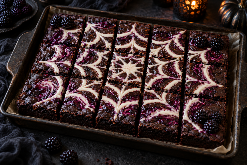 Blackberry marshmallow spiderweb brownies with purple fruit swirls