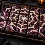 Blackberry marshmallow spiderweb brownies with purple fruit swirls