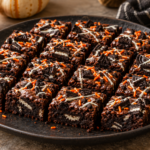 Halloween Oreo brownies with orange sprinkles and white chocolate drizzle