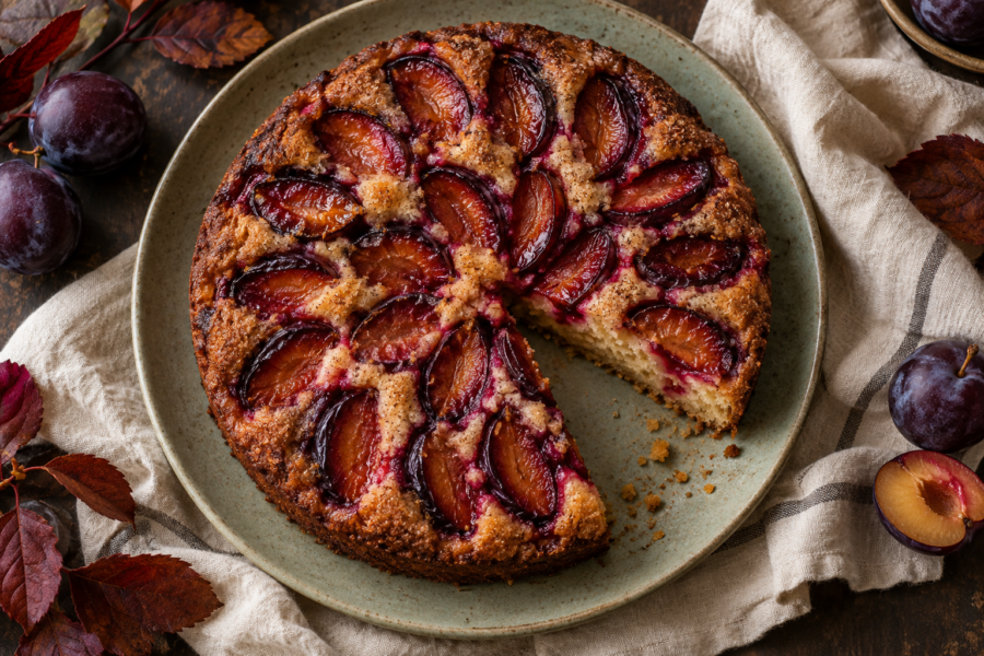 Classic plum torte topped with jewel-toned plum halves