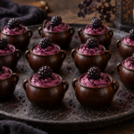 Dark chocolate cauldron cups filled with purple blackberry cream