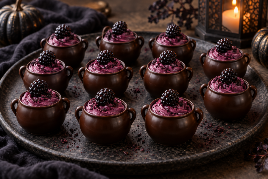Dark chocolate cauldron cups filled with purple blackberry cream