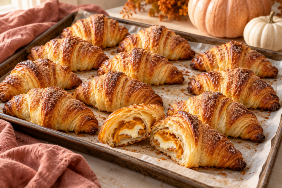 Pumpkin cream cheese croissants with visible spiced filling