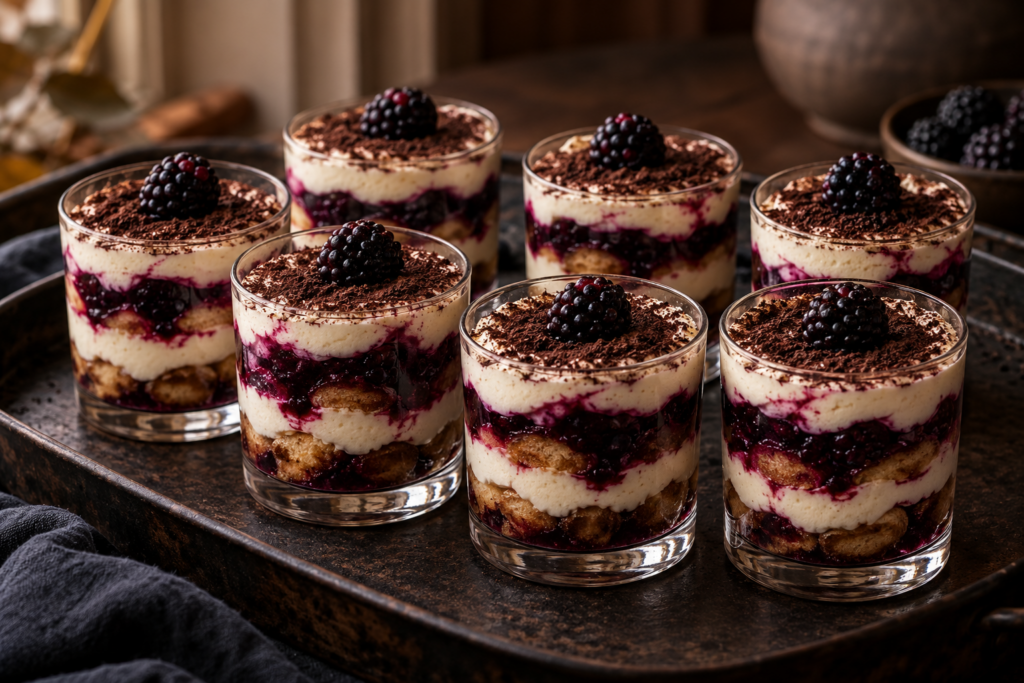 Midnight blackberry tiramisu cups with purple and ivory layers