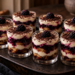 Midnight blackberry tiramisu cups with purple and ivory layers