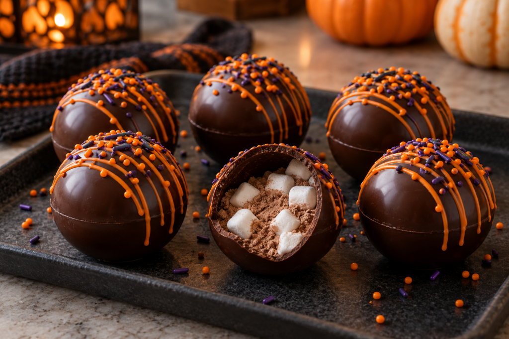 Halloween hot chocolate bombs with orange drizzle and mini marshmallow filling