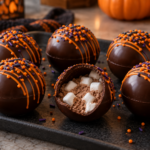 Halloween hot chocolate bombs with orange drizzle and mini marshmallow filling
