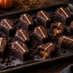 Salted caramel coffin brownie bites with black cocoa crumbs
