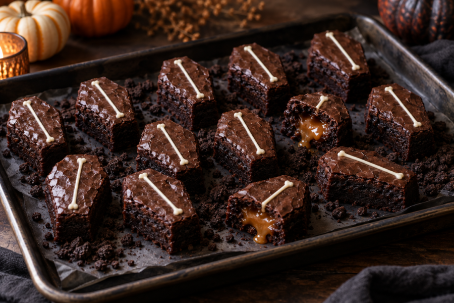 Salted caramel coffin brownie bites with black cocoa crumbs