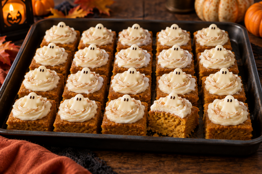 Pumpkin ghost cake bars with maple cream cheese frosting