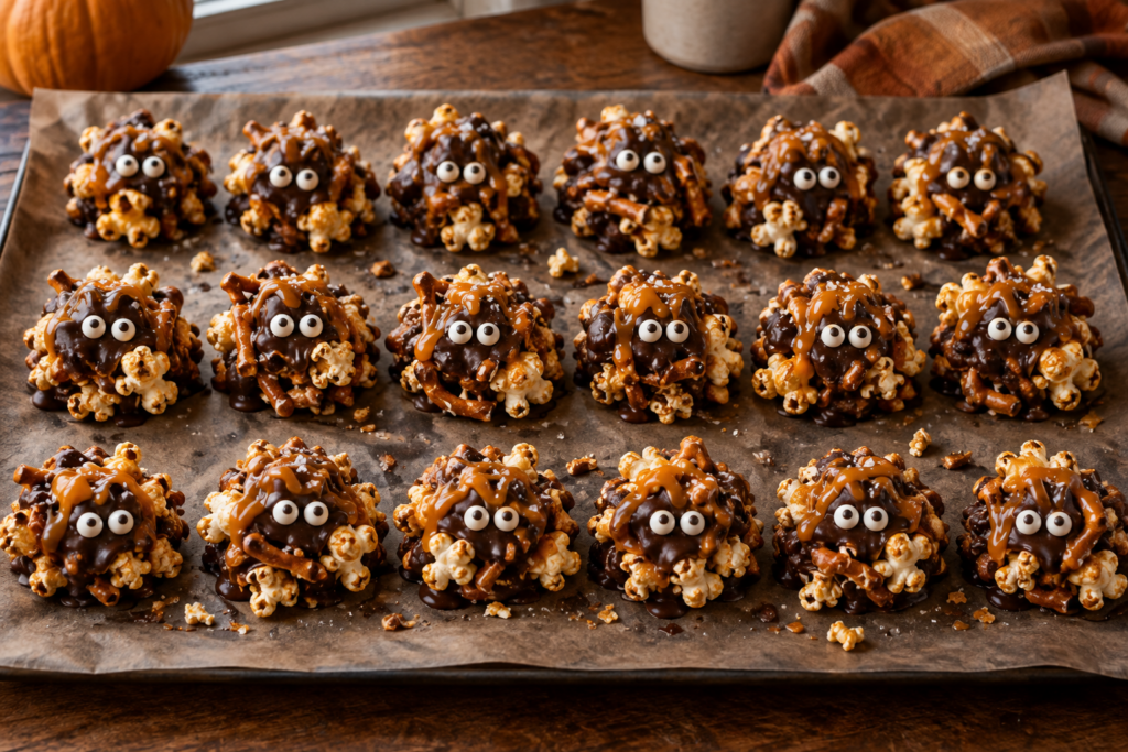 Caramel popcorn chocolate clusters with pretzels and candy eyes