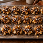 Caramel popcorn chocolate clusters with pretzels and candy eyes