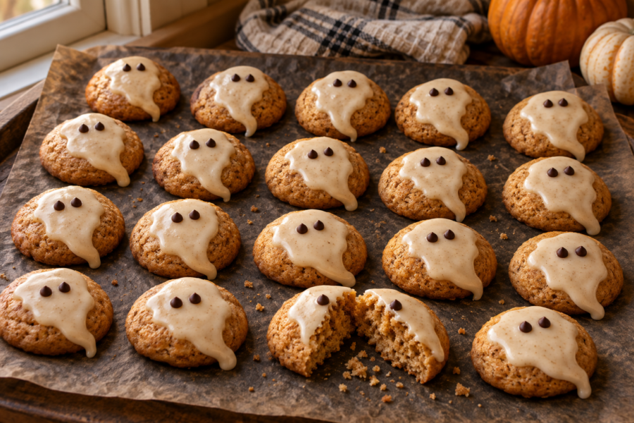Soft apple butter ghost cookies with ivory vanilla glaze