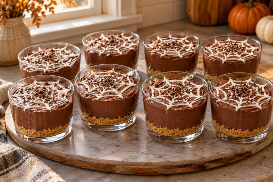 No-bake s'mores cheesecake cups with marshmallow spiderweb tops