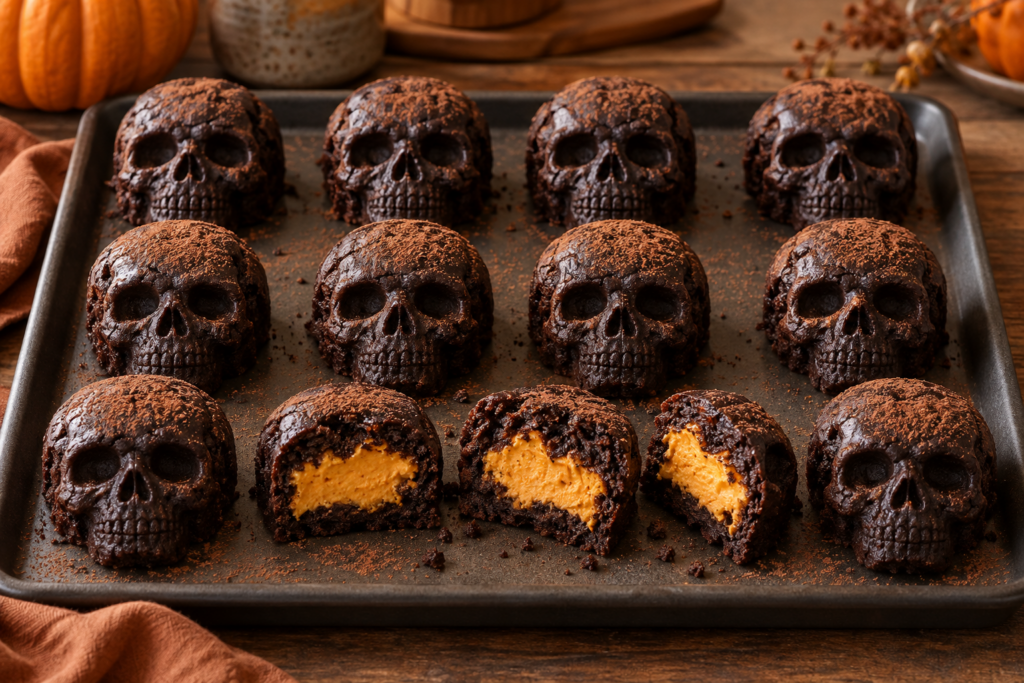 Black cocoa skull brownies with pumpkin pie centers