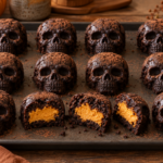 Black cocoa skull brownies with pumpkin pie centers
