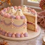 Pastel ghost vintage lunchbox cake with blush and lavender piping