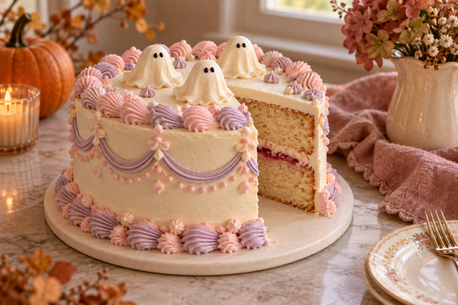 Pastel ghost vintage lunchbox cake with blush and lavender piping