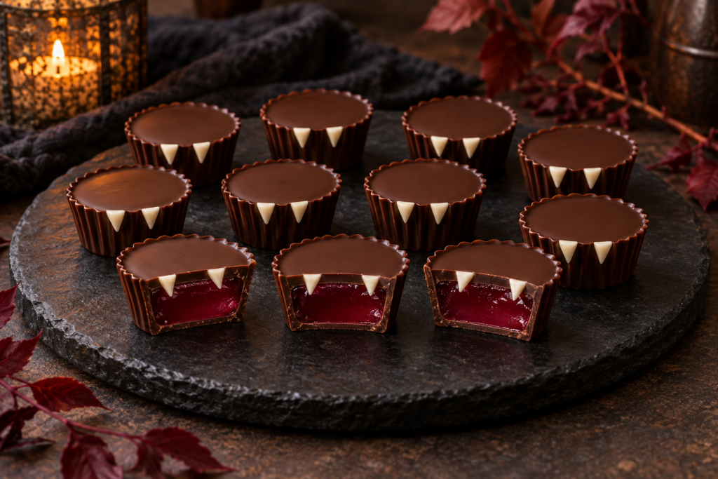 Dark chocolate vampire cups with ruby pomegranate centers
