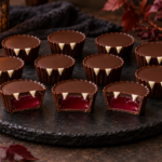 Dark chocolate vampire cups with ruby pomegranate centers