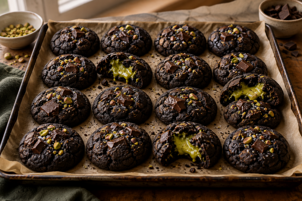 Black cocoa cookies with green pistachio slime centers