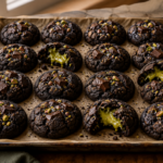 Black cocoa cookies with green pistachio slime centers