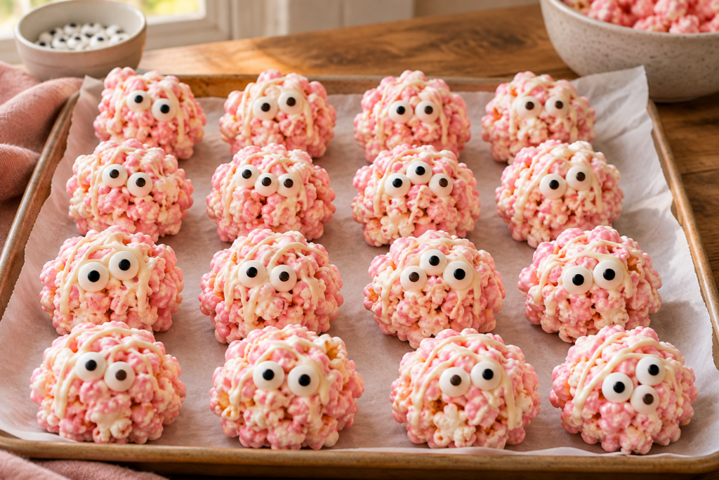 Pink strawberry popcorn monster balls with candy eyes