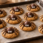Peanut butter spider cookies with chocolate truffle bodies and candy eyes