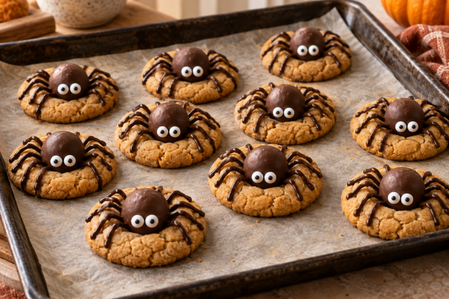 Peanut butter spider cookies with chocolate truffle bodies and candy eyes