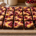 Cranberry orange cheesecake brownies with ruby and ivory swirls