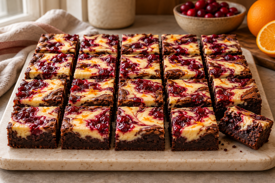 Cranberry orange cheesecake brownies with ruby and ivory swirls