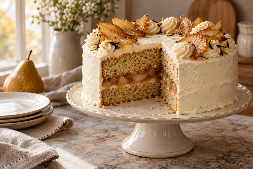 Honey Earl Grey pear layer cake with mascarpone cream