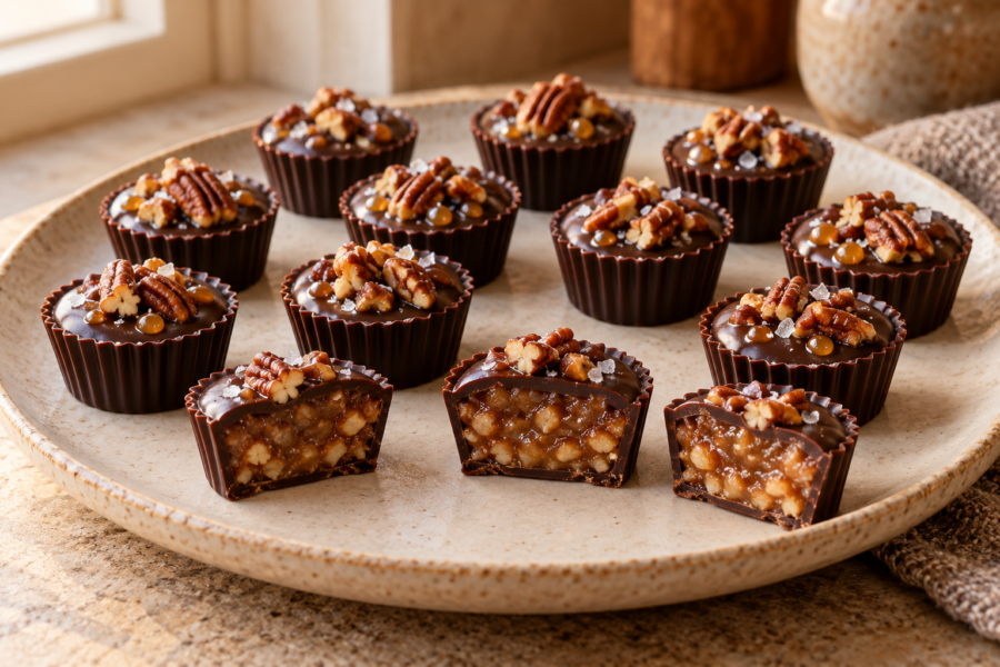 Salted maple pecan dark chocolate praline cups