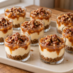 No-bake sticky toffee cheesecake cups with date sauce and pecans
