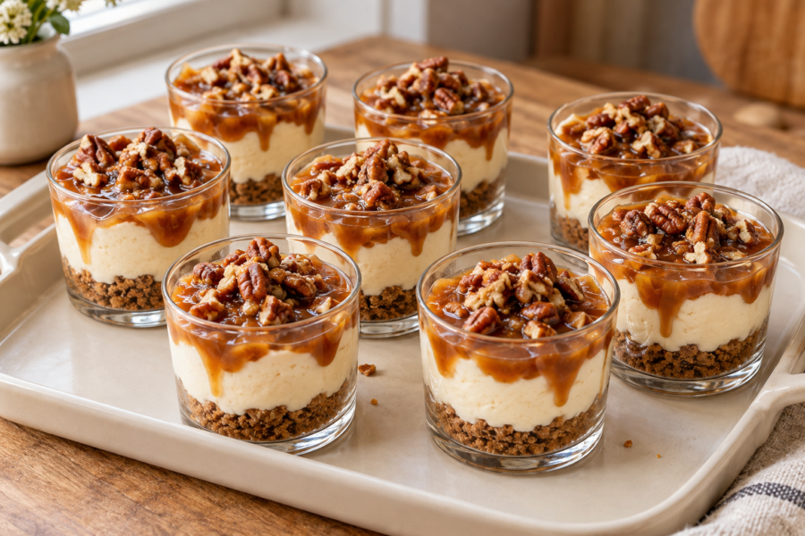 No-bake sticky toffee cheesecake cups with date sauce and pecans